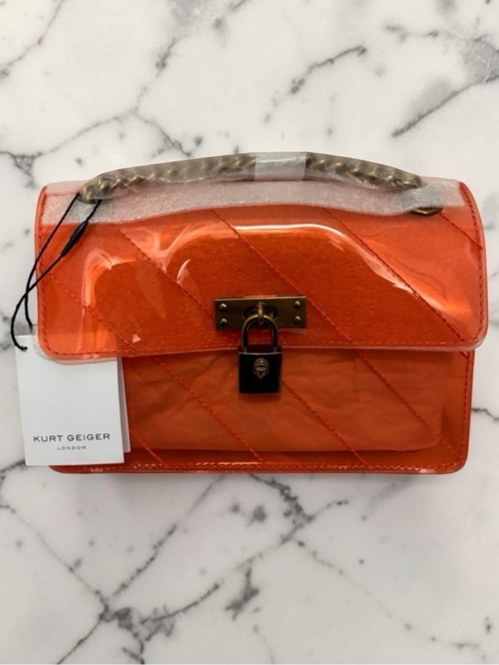 Kurt Geiger 🪢 Orange Vinyl Mini Brixton Shoulder Bag with Chain Strap
